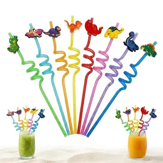8 Dino Strohhalme Kinder Wiederverwendbare Plastik Strohhalme mit Silikon Dinosaurier für Kindergeburtstag Deko Party Mitgebsel Familienfeiern Bunte Trinkhalme 27cm