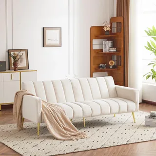Merax Klappbares Schlafsofa 2 Sitzer Sofa mit Schlaffunktion Schlafcouch Bettsofa mit Großer Liegefläche von 220 cm L × 104 cm B, Couch fürs Wohnzimmer/Schlafzimmer/Gästezimmer, Beige