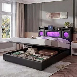 UnboxG Polsterbett 140x200 cm Schwarz mit Stauraum & Hydraulik, LED Bett mit USB , Type-C, Doppelter Stauraum im Kopfteil, Kunstleder - Schwarz