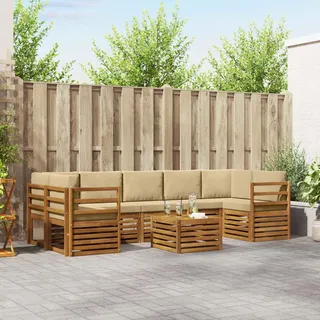 Brokky Gartenlounge Outdoor Holz Gartenlounge Set XXL Lounge möbel Holz Ecksofa Gartensofa Terrassenmöbel Auße Outdoor Sofa Massivholz Akazie-Natur und Beige-8 pcs/Typ 1