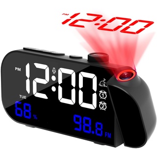 Projektionswecker, Digitaluhr mit 180° drehbarem Projektor und stufenloser Helligkeitsdimmer und Sprachaktivierung für Schlafzimmer, Dual-Alarme, FM-Radio, USB-Ladeanschluss, Schlummerfunktion