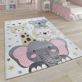 Paco Home Kinderteppich Teppich Kinderzimmer Kurzflor Mädchen Jungs Sterne Tier Muster Creme Grau, Grösse:80x150 cm