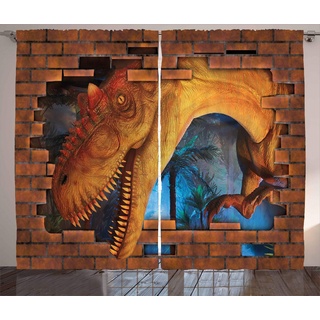ABAKUHAUS Dinosaurier Rustikaler Vorhang, Dino Breaks Ziegelmauer, Wohnzimmer Universalband Gardinen mit Schlaufen und Haken, 280 x 175 cm, Orange Aqua