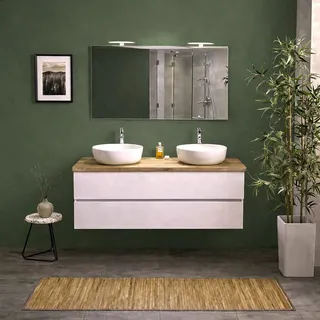 Hängendes Badmöbel 120 Cm Weiß Export Mit Eichenplatte, Spiegel 120x60 Cm Und 2 Lampen  Berlin