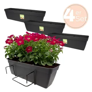 GarPet 4x Blumenkasten Balkon Blumenkasten Balkonkasten mit Halterung Balkonkasten Geländerkästen Balkonkasten mit Wasserspeicher 50 cm