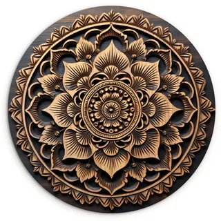 WANDBILD Mandala - Holz - Blumen - Braun Deko Groß 150x150 cm