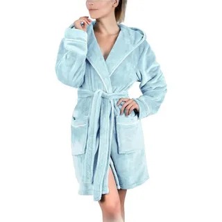 Gräfenstayn Damenbademantel Bademantel Damen flauschig Kapuze Kuschelfleece leicht kurz, warm & kuschelig, Knielang, Fronttaschen, Gürtel, S-XXL blau XL | 96 cm