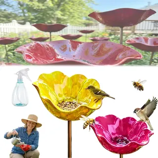 Metall Gartenstecker Vogeltränke, Blumen Gartenstecker Vogeltränke, Bienentränke Keramik Blume, Winterfest, rostfrei, als Vogeltränke zum Aufhängen Oder Stecken für Garten & Terrasse(K)