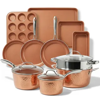 Gotham Steel Hammered Copper Collection — 15-teiliges Premium-Koch- und Backgeschirr-Set mit Antihaftbeschichtung, Aluminiumzusammensetzung — beinhaltet Bratpfannen
