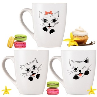 PLATINUX Tasse Katzen Kaffeetassen, Keramik, Set mit Katzen-Motiven Teetasse 250ml Tasse Kaffeebecher Teebecher weiß