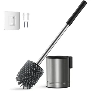 HAMITOR Klobürste Silikon Edelstahl - Toilettenbürste Wandmontage - ein Ohne Bohren einfache reinigung - Edelstahl Wc Bürste Langlebig und Rostfrei - mit schnell trocknendem halter Badmöbel Set-Silber