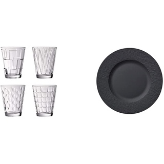 Villeroy & Boch - Dressed Up Wasserglas-Set, 4 tlg., 310 ml, Kristallglas, spülmaschinengeeignet & Manufacture Rock Frühstücksteller, 22 cm, Premium Porzellan, schwarz