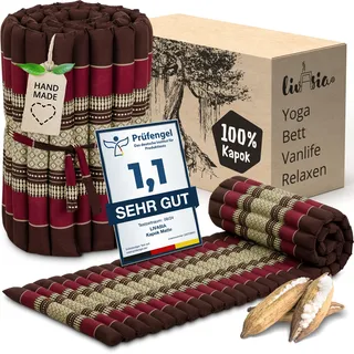 livasia Rollmatte Rollmatratze S schmal - 200x50x4,5cm - Gästebett Gästematratze 1 Person mit Muster, Reisebett Kofferraum outdoor, Thaimatte Kapok für Garten Balkon handgefertigt (Weinrot)