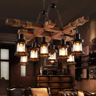 A.1.Coo Vintage Pendelleuchte Industrie Retro Esstisch Hängelampe Esszimmer Antikes Bootsholz Kronleuchter Höhenverstellbar Pendellampe Restaurant Hängeleuchte Keller Untergeschoss Bar Leuchte,8 heads