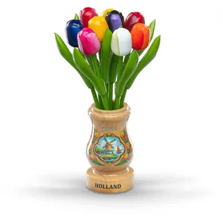 MomoMoments Holztulpen, Holzblumen, Holzdekoration, Holz-Kunstblumen, 9 Tulpen in Holzvase Retro Natur Holland, 21 cm, Dekoration, Geschenk, Multicolor