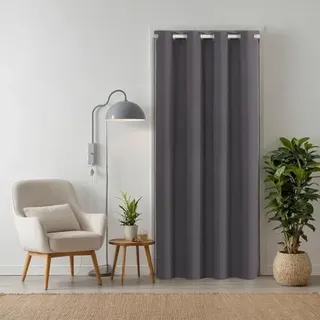 tinycurtains, Türvorhang mit Teleskopstange, einfache Montage in nur 1 Minute ohne Bohren (Türgardine anthrazit H210 x B150 cm + Stange weiß B70-120 cm)