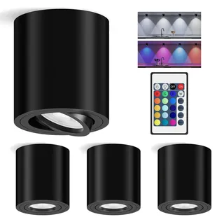 HORUMP 4 Stück LED Aufbauspot RGBW & Dimmbar, Deckenspot mit GU10 Fassung, Deckenstrahler 30°Schwenkbar 230V 6W RGB Kaltweiß 6500K, Aufbaustrahler mit Fernbedienung Aluminium Aufputz Spots Schwarz