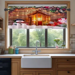 Treer Scheibengardine Küchengardinen Bistrogardine, 1 Stück Weihnachten Gardinen, Kurz Vorhänge Modern Verdunklungsvorhänge, Transparent Vorhang Waschbar Curtains (Weihnachtsschneemann,137x45cm)