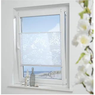ourdeco® Plissee Ausbrenner / 50 x 130 cm (Breite x Höhe) / Farbe: weiß; lichtdurchlässig, Motiv Ranke Blatt/Klemmen, Montage ohne zu Bohren, Klemmfix-Plissee, Easy-to-fix