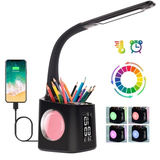 LED-Schreibtischlampe, Schreibtischlampe für Kinder, mit RGB Farbe, Nachtlicht, Schreibtischlampe mit Uhr/Wecker/Temperatur/Kalender/Tür – Stift, Nachttischlampe, Touchscreen, dimmbar, USB Lampe –