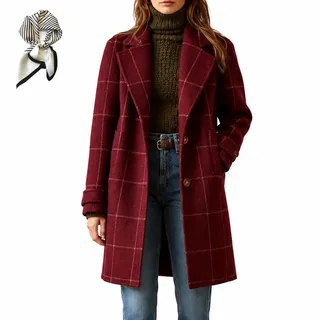 Karierter Retro-Trenchcoat Für Damen – Wintermantel Mit Reverskragen, Tailliertes, Mittellanges Oberbekleidungs-Shacket Im Karomuster(Red,S)