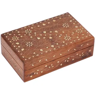 Ajuny Holz Schmuckbox Floral Messing Inlay Handgeschnitzt 8x5 Zoll Vintage | Dekorative Schatztruhe Reise Organizer für Ringe Ketten Uhren Andenken Damen Herren Kommode Geschenk Aufbewahrung Zuhause Box