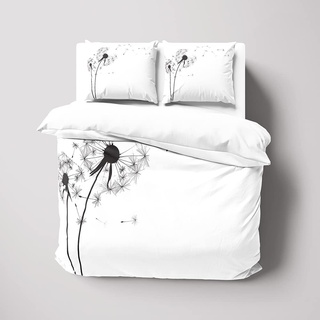 Pusteblume Bettwäsche 200x200, Schwarz und Weiß Bettbezug Set 3 Teilig - 110gsm Weiche Microfaser Bettbezüge mit Reißverschluss und 2 Kissenbezug 80x80 cm
