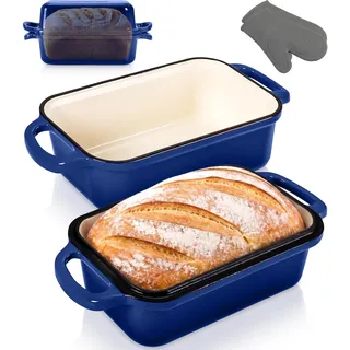 Nutrichef Brotbacktopf Gusseisen mit Deckel, emailliert, Kastenform Blau | Dank 2-in-1-Bauweise einzeln oder gestapelt für den Dutch-Oven-Effekt nutzbar, ofenfest bis 260°C, inkl. Silikon-Handschuhen.