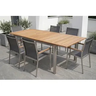 STERN Cardiff Garten-Essgruppe, silber/silbergrau, Edelstahl/Teak, Tisch 180/240 x 100 cm, 6 Stapelsessel, FSC®-zertifiziertes Produkt