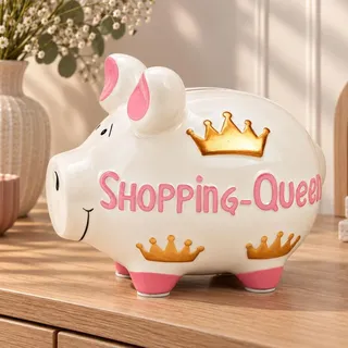 Lustige Spardose Sparschwein SHOPPING-QUEEN weiß, rosa, gold 17 cm