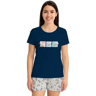The Peanuts Snoopy Schlafanzug für Damen - Pyjama Set Kurzarm Oberteil mit Shorts Blau/Grau - M