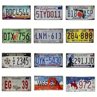 USA Kennzeichen Set 12 Stück – US Nummernschilder Replika aus Metall – Auto Deko Schilder – Vintage Blechschilder im amerikanischen Design – Wanddeko für Garage, Werkstatt, Bar, Wohnzimmer