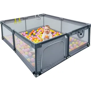 Relaxdays Laufstall Baby, 200 x 200 cm, Laufgitter, 50 Bällen, 2 Laufstallringe, sichere Spielecke, Oxford-Gewebe, grau