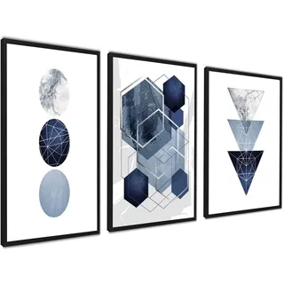 3er Set Poster 21x30cm Mit Rahmen Schwarz Wanddeko Wohnzimmer Schlafzimmer | Moderne Dreiecke und Kreise Triptychon Abstrakt Blau-Silber Wand-Deko Wohnzimmer Schlafzimmer, Ideal als Geschenk, Flur