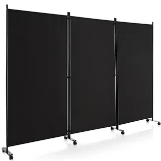 Costway 262 x 180 cm Raumteiler auf Rollen, Paravent 3 teilig, Trennwand Faltbar aus Polyesterfaser,Paravent Bogenform Anthrazit
