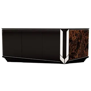 Casa Padrino Luxus Designer Sideboard mit 4 Türen Schwarz / Braun / Silber 230 x 54 x H. 85 cm - Luxus Möbel - Designer Möbel - Esszimmer Möbel - Hotel Möbel - Luxus Qualität