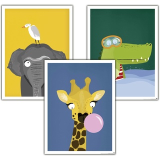Close Up Kinderzimmer Poster Afrika 3er-Set (30 x 40 cm | 11,8x15,7") Babyzimmer Deko Bilder, Tiere Kunstdruck - Elefant, Giraffe & Krokodil