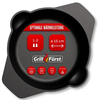 Grillfürst Gusseisenpfanne Grill mit Zwei Henkel-Griffen Ø 15 cm - Massive Gusspfanne mit hohem Rand, extrem hitzebeständige Gusseisen Pfanne für Gasgrill, Herd und Feuer