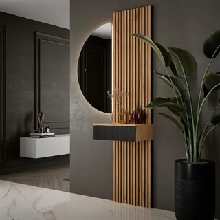 Planetmöbel Flurgarderobe Set Konsolentisch 50 cm inkl. Spiegel mit Beleuchtung halbrund 50 x 100 cm, 2X Akustikpaneele 120 x 50 cm, Flur Möbel modern, Gold Eiche/schwarz