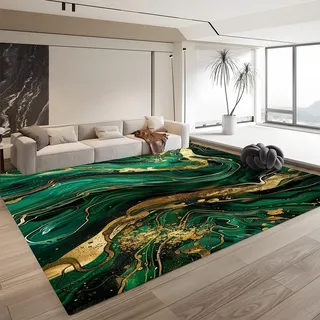 Generisch Teppich Wohnzimmer Moderner Grün-Gold-Marmor 140cm x 200cm Teppich- Küche Jugendzimmer Esszimmer Flur und Schlafzimmer Teppich Kurzflor Teppich Extra Weich Pflegeleicht