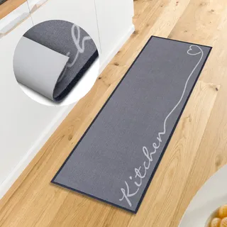 HANSE HOME Cook & Clean Läufer – rutschfest Teppichläufer Flachgewebe Kurzflor Teppich Küchenteppich Waschbar Küchenläufer Kitchen für Flur, Küche, Wohnzimmer – Grau, 50x150cm