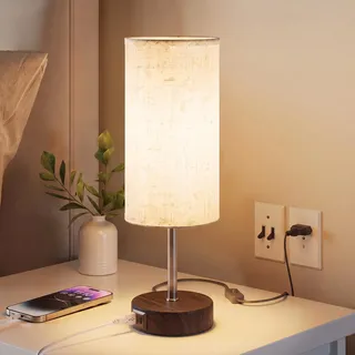 UPXNBOR Nachttischlampe Touch, Tischlampe Dimmbar mit Ladefunktion | Schreibtischlampe mit USB-A+C Ladefunktion, 3-stufiges Warmlicht,Leinen-Lampenschirm, 1,5-m-Kabel, E27-Lampe inkl., Walnuss
