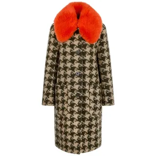 MARC CAIN COLLECTIONS Hahnentritt-Mantel mit abknöpfbarem Fake-Fur-Kragen in Tannin | Gr.: 34