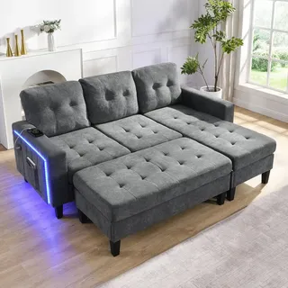 Merax L-Form Schlafsofa mit LED-Beleuchtung, modulares Chenille Sofa mit beweglicher Fußbank, 3-Sitzer Couch mit USB, Sofabett, Antikgrau - Grau