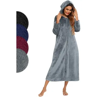 Figarge Bademantel Damen Reißverschluss Kapuze Bademantel Damen Frottee Baumwollsamt Frottee Velours Luxus Morgenmantel Hausmantel (DE/NL/SE/PL, Alphanumerisch, L, Regular, Regular, Dunkelgrau) - L