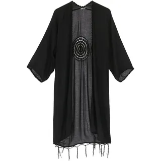 GURU SHOP Leichter Kaftan, Besticktes Offenes Strandkleid, Ibiza Kimono - Schwarz, Damen - 40