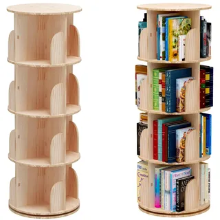 PTUWODS Drehbares Bücherregal, Standregal, 360 Grad, Lagerregal für Bibliothek, Schlafzimmer, Wohnzimmer,multifunktionales Bücherregal Massivholz (4 böden)