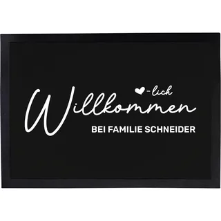 Personalisierte Fußmatte | Türmatte mit Name Bedruckt | Haustür Matte für Paare & Familien mit Haustier | Herz | Pfoten Abdruck für Katze und Hund | 40 x 60 cm ((Herz-) lich Willk.)