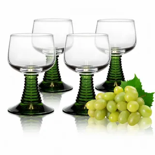 PorcelainSite Geschenkideen GmbH Weinrömer Römerglas KLEIN mit grünem Fuß, 0,1L mit Füllmarke (4 Stück Sparset)