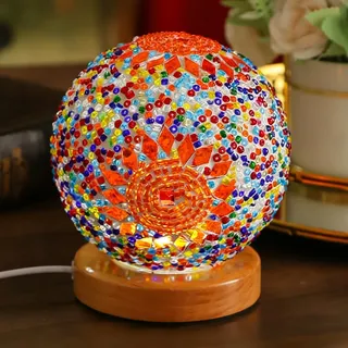 Türkische Nachtlichter im Vintage-Stil, Mosaik-Glas-Lampen mit Holzsockel, 5 V, böhmische Nachttischlampe, Ramadan/Eid-Dekorationen, Yoga- und Meditationslampe, Feiertagspartner-Dekor Boho-Orange